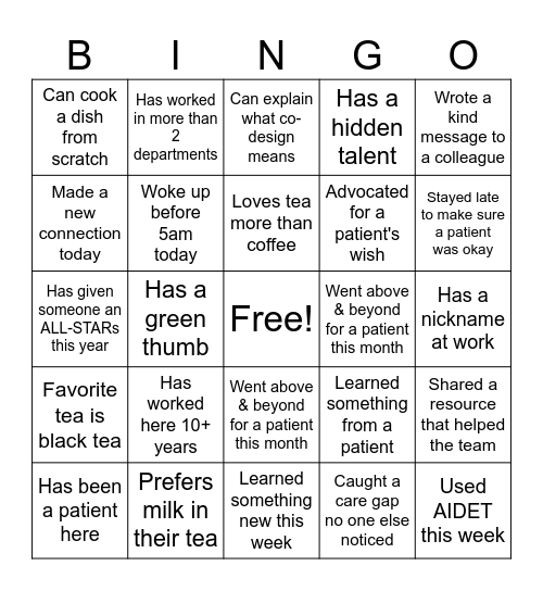 Care Experience Bingo Tea Party Edition Bingo Card