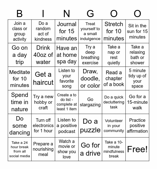 Self Care Bingo Card