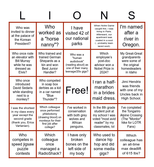 Employee Trivia Bingo Card