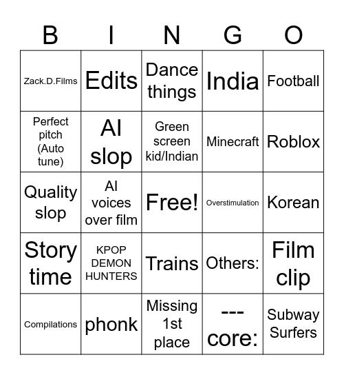 YT shorts Bingo Card