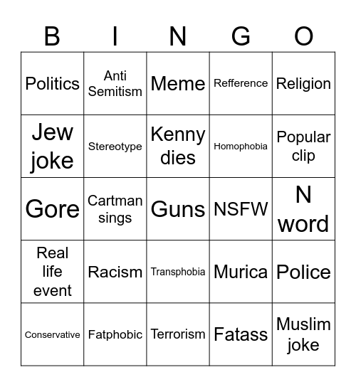 South park biniggergo Bingo Card