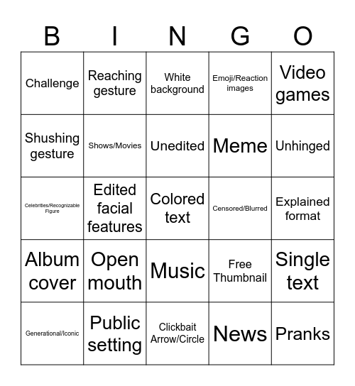 YT Thumbnails Bingo Card