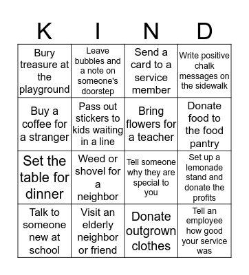 Acts of Kindness Bingo Card