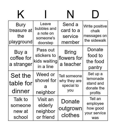 Acts of Kindness Bingo Card