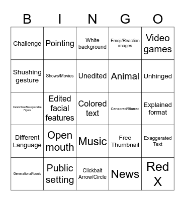 YT Thumbnails Bingo Card
