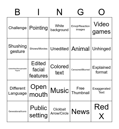 YT Thumbnails Bingo Card