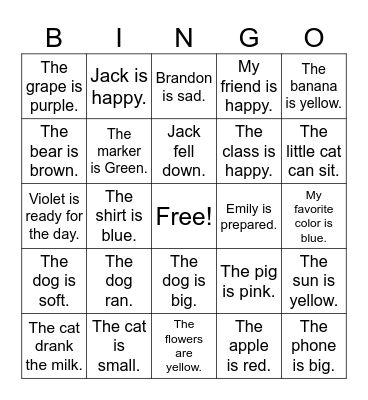 Simple Sentence Bingo Card