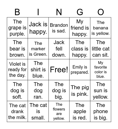 Simple Sentence Bingo Card