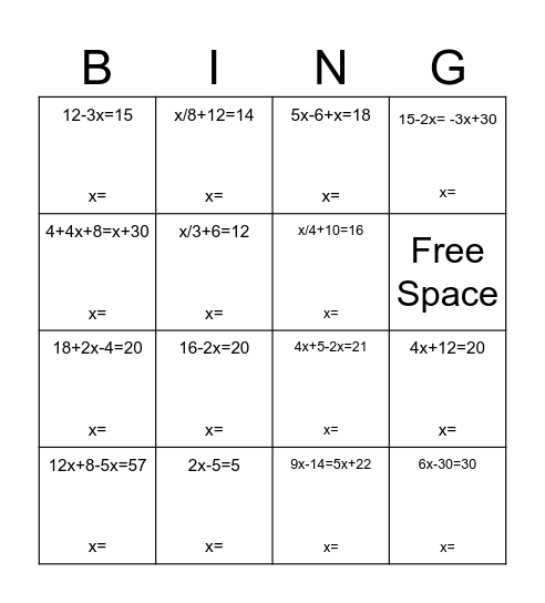 Two Step Equations Bingo Card
