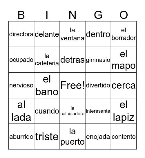 spanish vocabulary  Bingo Card