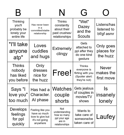 Hopeless Romantic Bingo Card