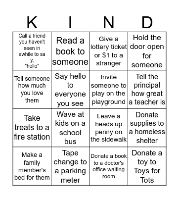 Acts of Kindness Bingo Card