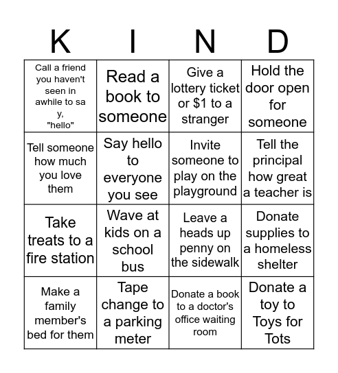 Acts of Kindness Bingo Card