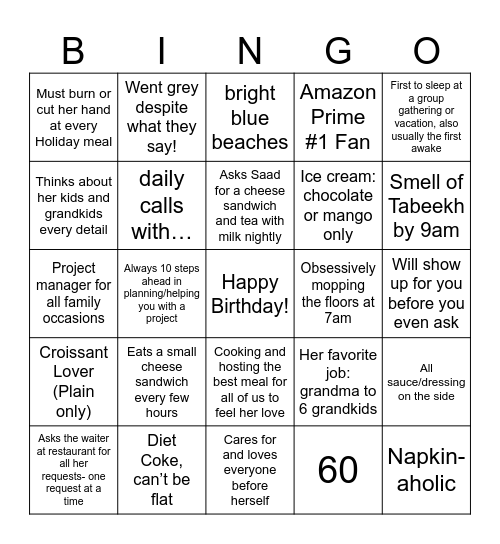 Mom’s 60th Birthday Bingo Card