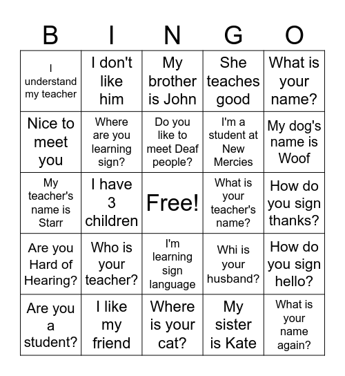 Receptive Bingo - LP Unit 1 Bingo Card
