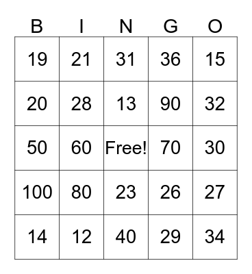 Number Bingo Card