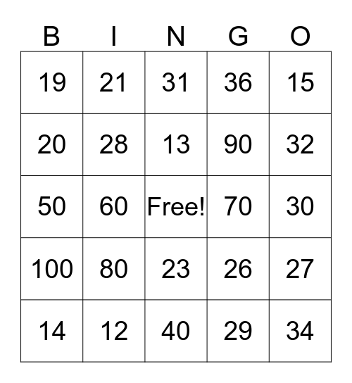 Number Bingo Card