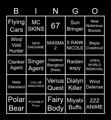 ZZZ 3.X Bingo Card