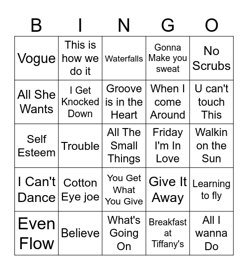 90's Hits Bingo Card