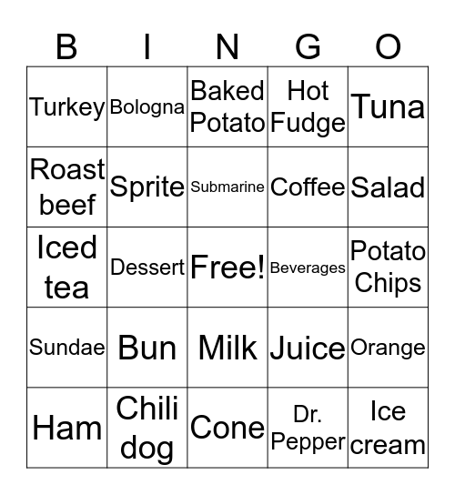 Fast Food 2 Bingo Card