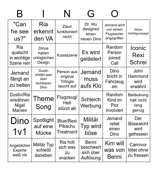 Jurassic Bingo Card