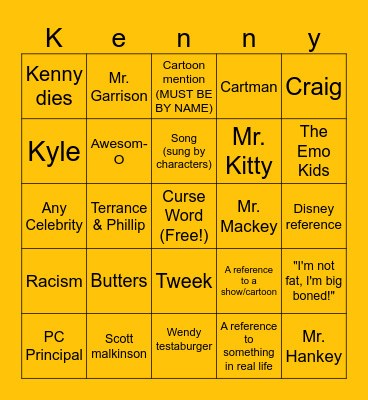 South Park Bingo Card