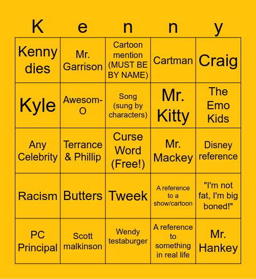 South Park Bingo Card