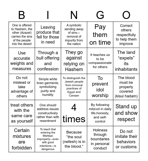 Parsha of the Week Achrai Mos Kedoshim Bingo Card