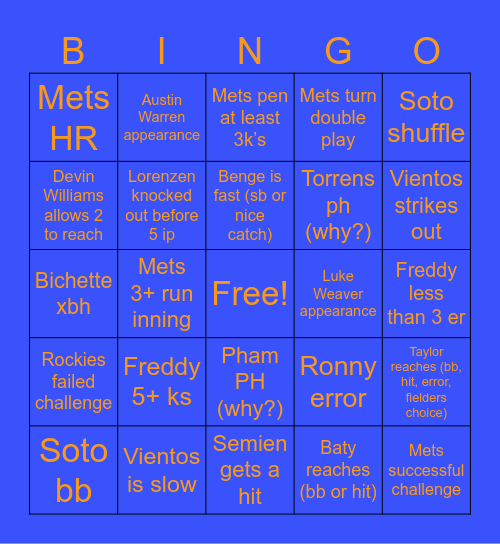 Mets Rockies 4/24 Bingo Card