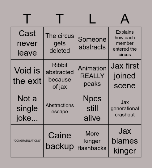 TADC EPISODE 9 BINGO!!! Bingo Card