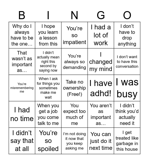 How will my mom respond when I get angry at her for telling me she would do something and then not doing it. Bingo Card