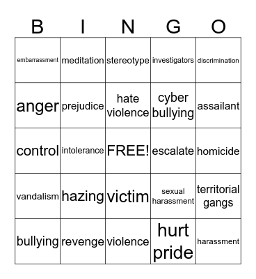 Preventing Violence Bingo Card