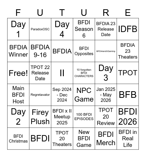 BFDI in Opposites Bingo Card