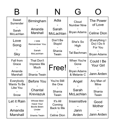 Canadian 90s Bingo Card