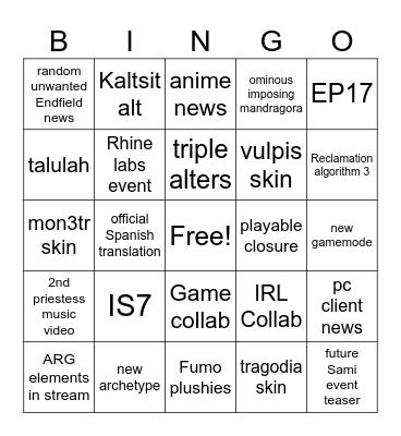 Arknights 7th anniversary bingo card Bingo Card
