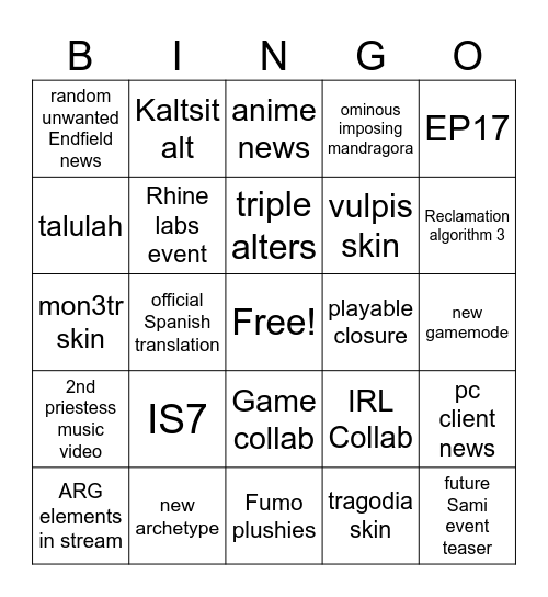 Arknights 7th anniversary bingo card Bingo Card
