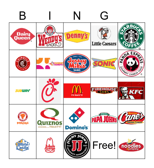 Fast Food Restaurant Logos Bingo Card