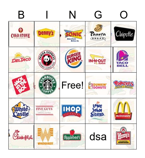 Fast Food Bingo Card