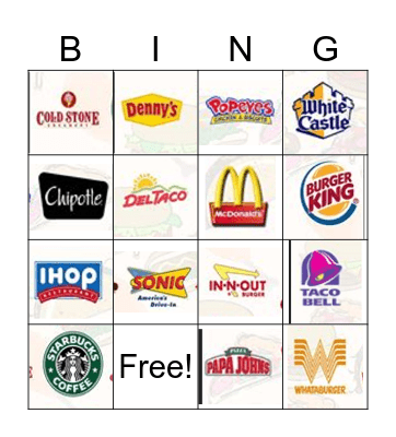 Fast Food Bingo Card