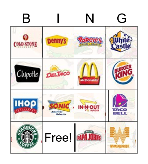Fast Food Bingo Card