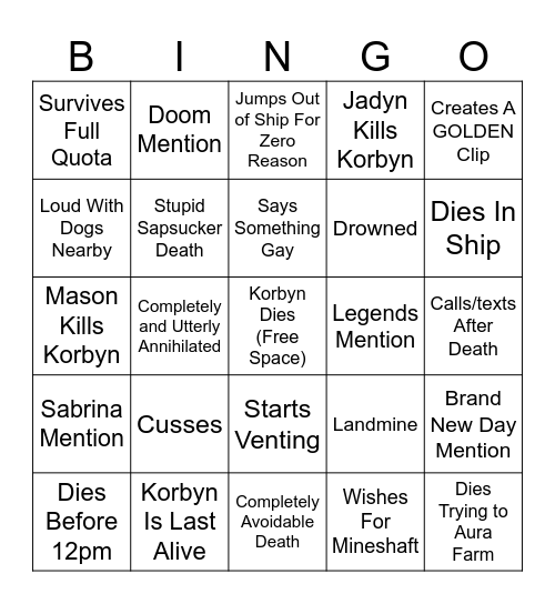 Korbyn Bingo Card