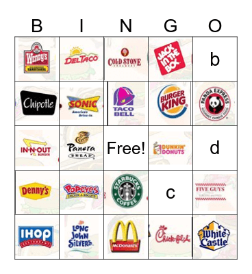 Fast Food Bingo Card