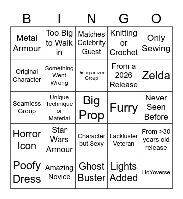 Cosplay Contest Bingo Card