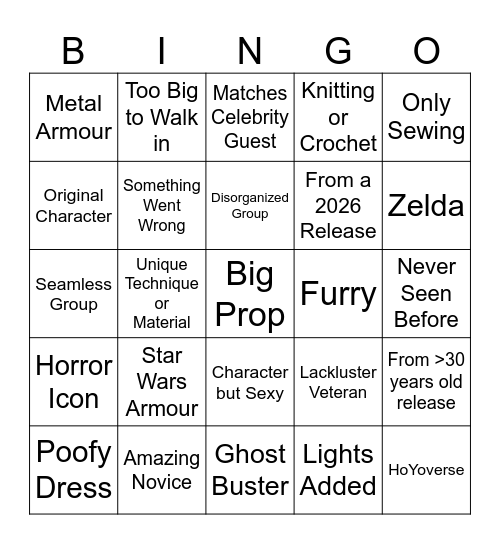 Cosplay Contest Bingo Card