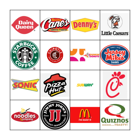 Fast Food Restaurant Logos Bingo Card