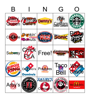 Fast Food Restaurant Logos Bingo Card
