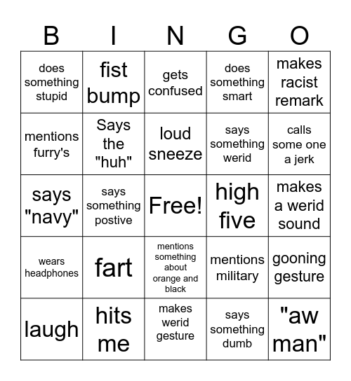 Connans black out Bingo Card