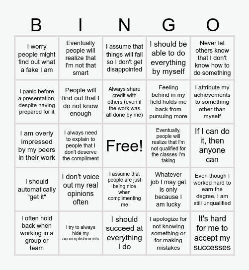 Impostor Syndrome Bingo Card