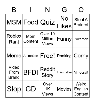 YouTube Shorts Bingo Card