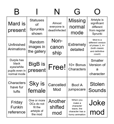 Sprunki Mod Bingo!!!111!!11!! Bingo Card
